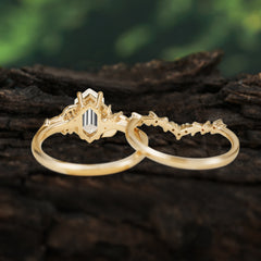 Nature-Inspired 4-Prong Hexagon-Cut Moissanite Engagement Ring Set
