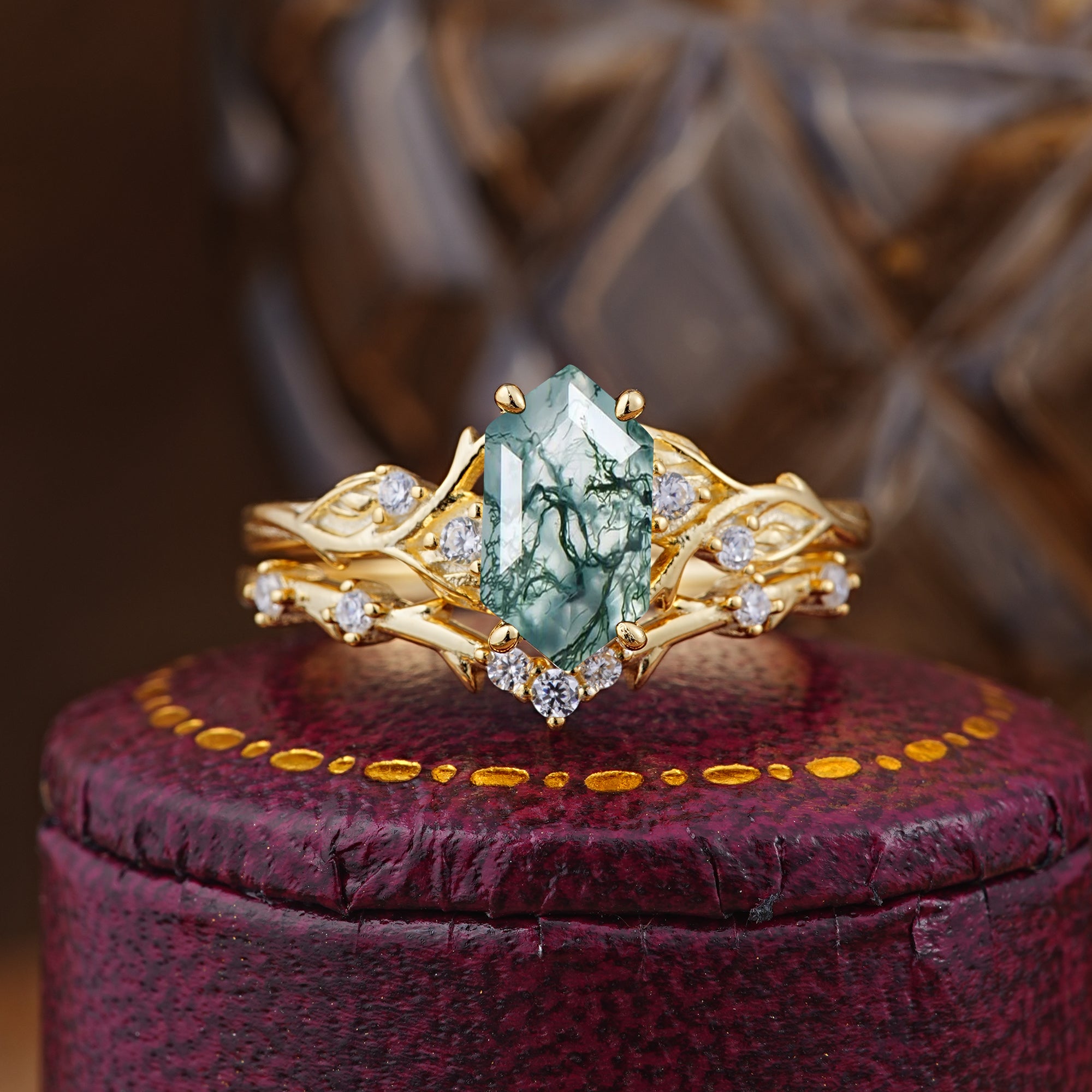 Hexagon-Cut Moss Agate Bridal Ring Set with Moissanite
