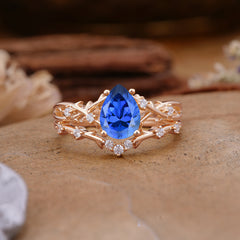 Nature-Inspired 4 Prong Pear-Cut Sapphire Ring Set