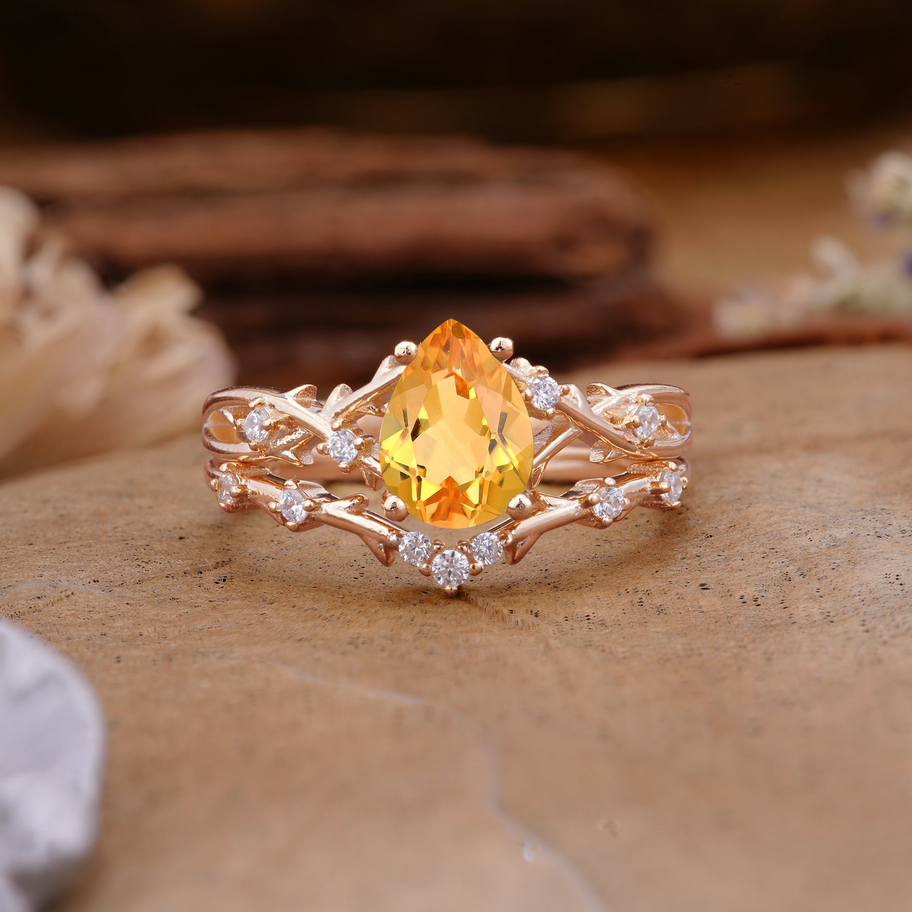 Nature-Inspired Pear-Cut Citrine Ring Set - Additional view