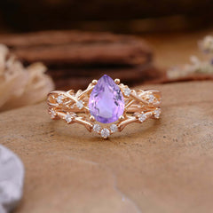 Nature-Inspired 4 Prong Pear-Cut Natural Amethyst Ring Set