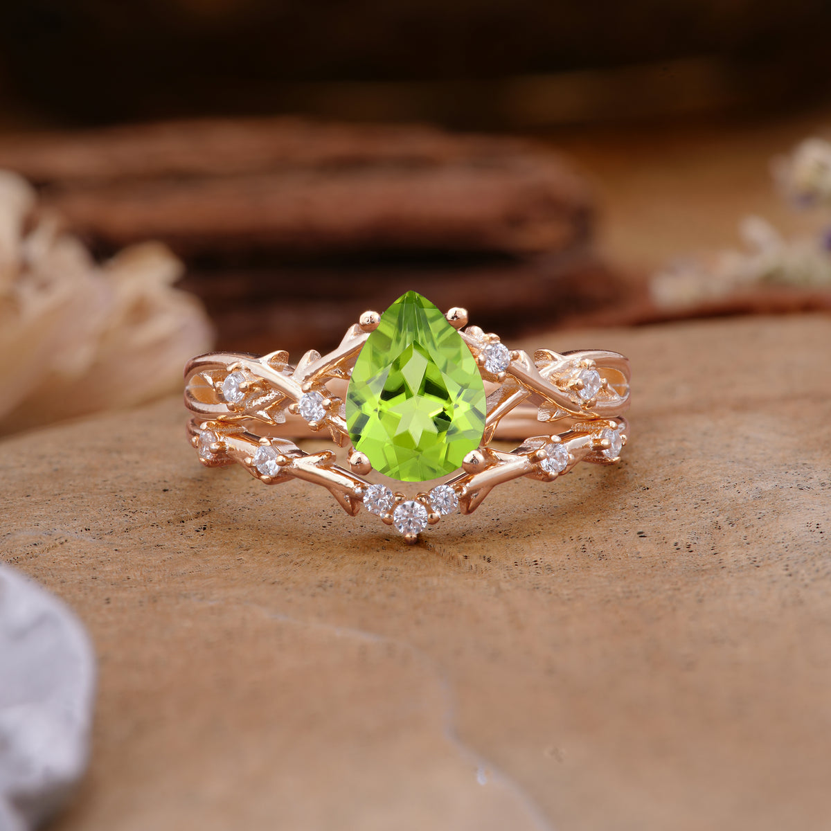 Nature-Inspired Pear-Cut Peridot Ring Set - Additional view