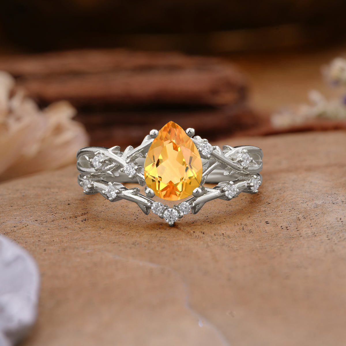 Nature-Inspired Pear-Cut Citrine Ring Set - Additional view