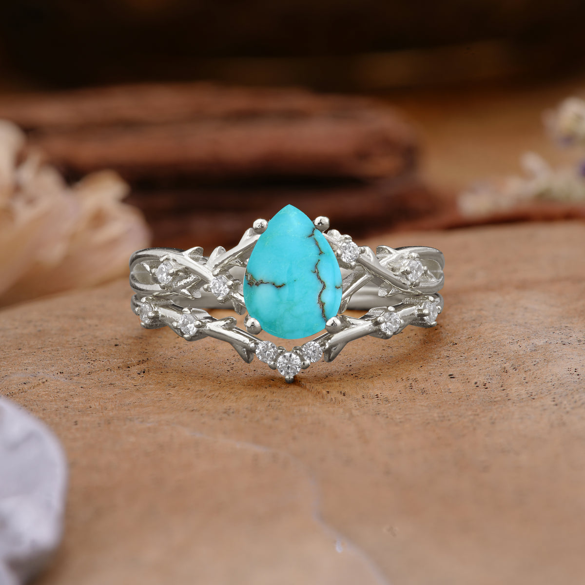 Nature-Inspired Pear-Cut Turquoise Ring Set - Additional view