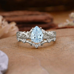 Nature-Inspired Pear-Cut Aquamarine Ring Set