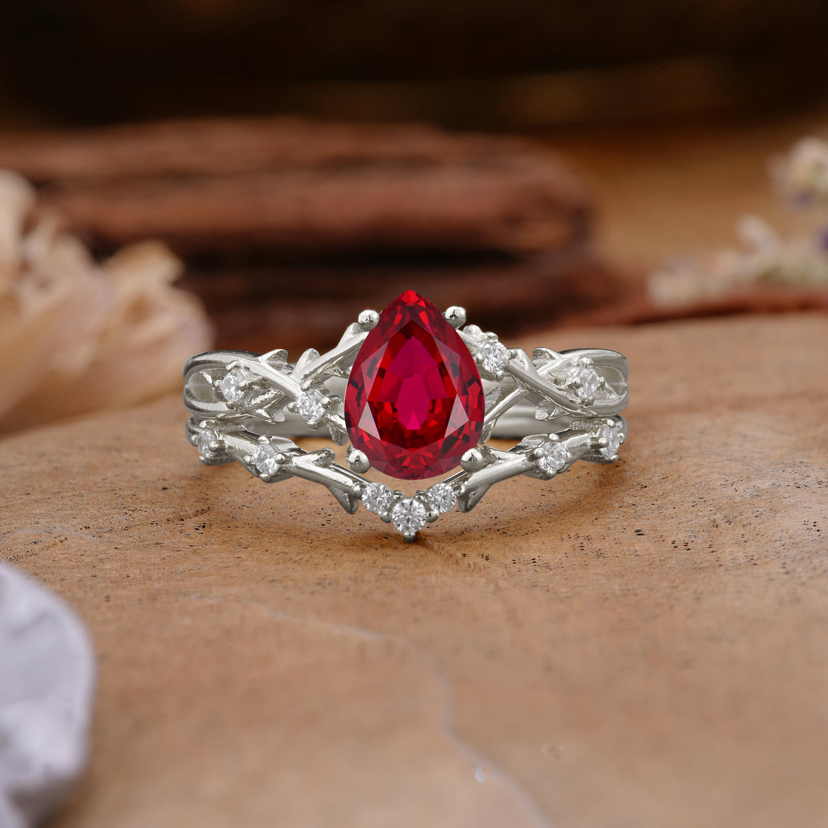 Nature-Inspired Pear-Cut Ruby Ring Set - Additional view