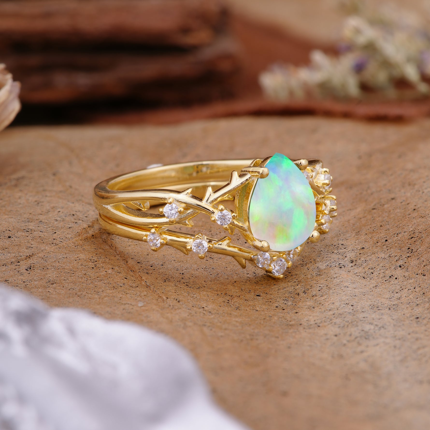 Nature-Inspired Pear-Cut Fire Opal Ring Set - Additional view