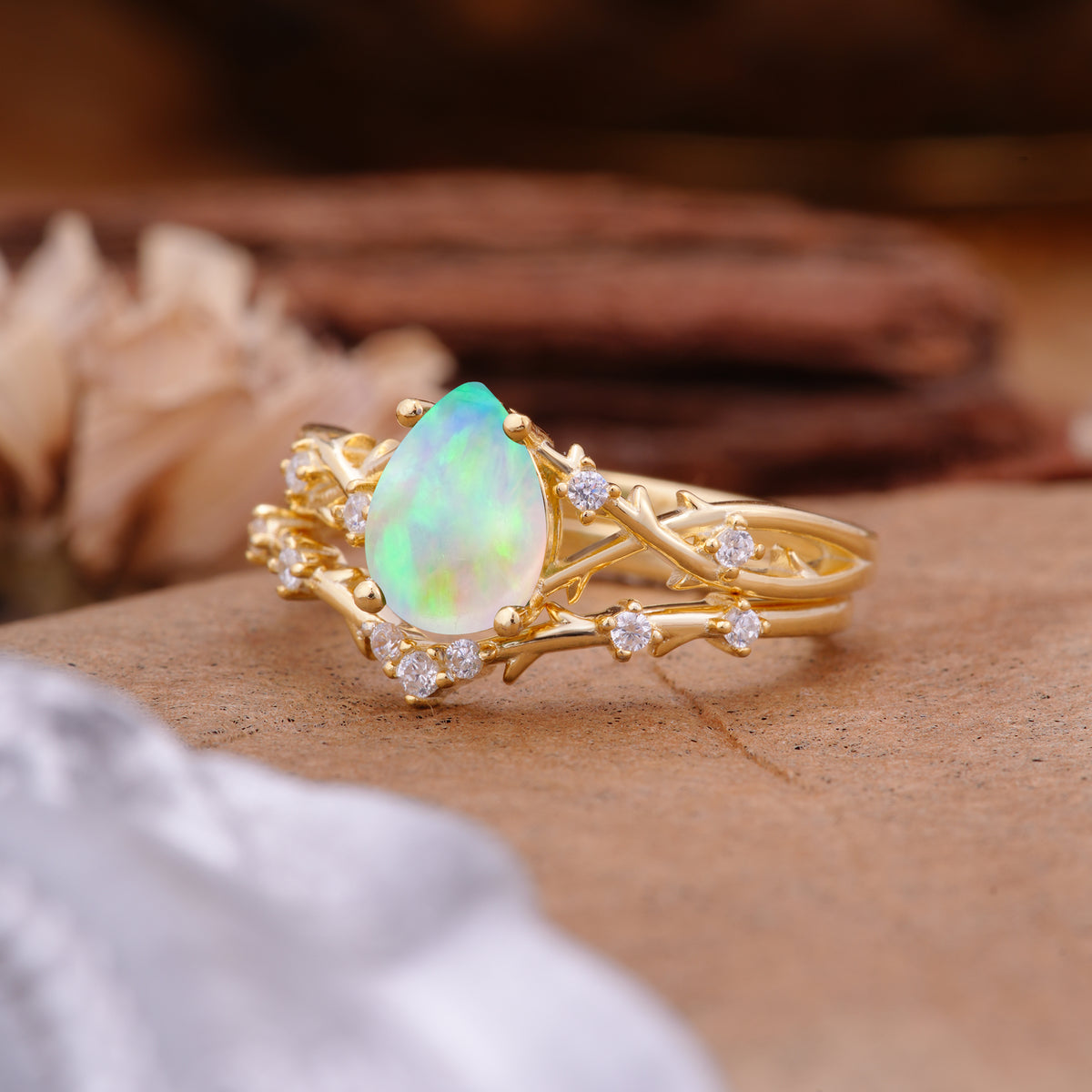 Nature-Inspired Pear-Cut Fire Opal Ring Set - Additional view