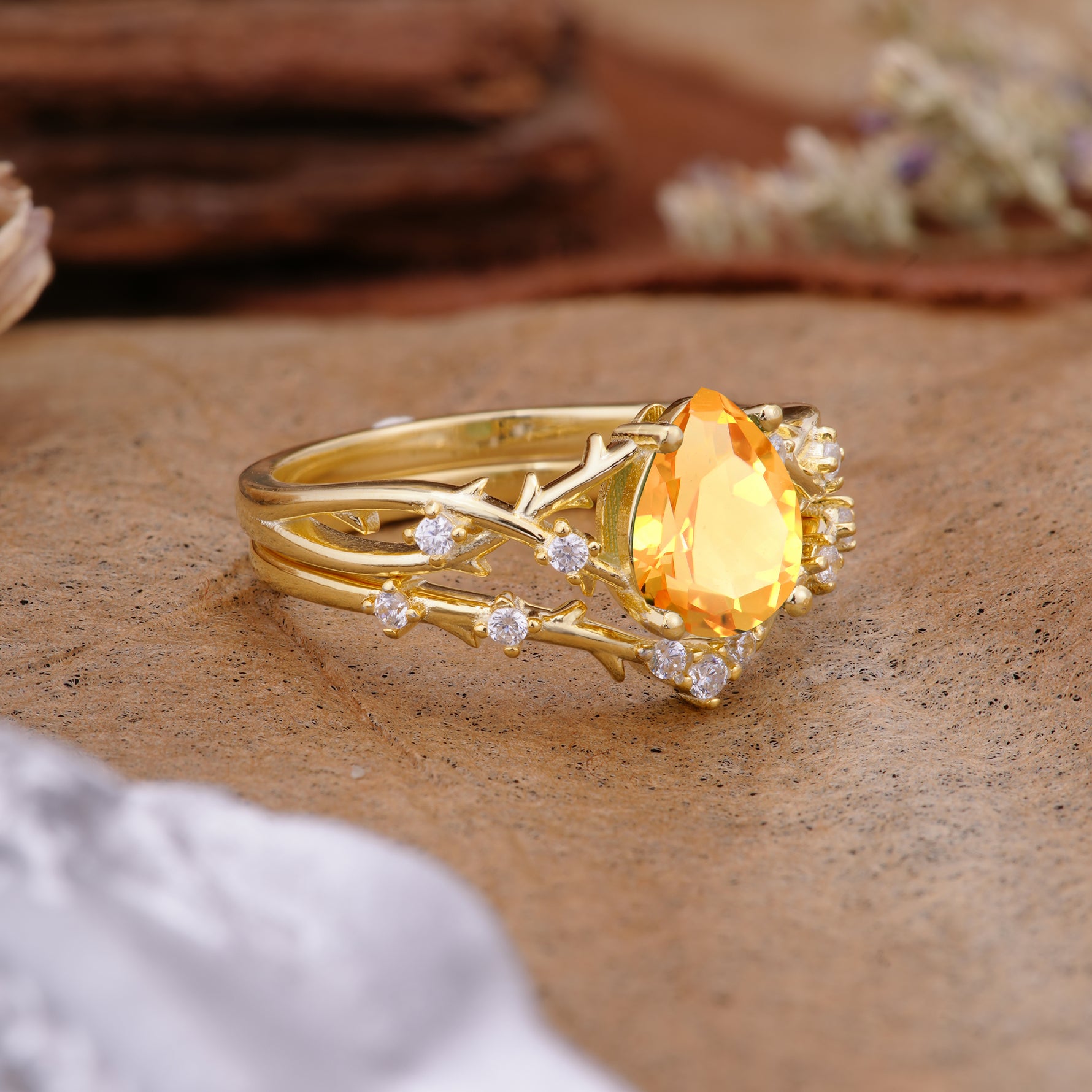 Nature-Inspired Pear-Cut Citrine Ring Set - Additional view