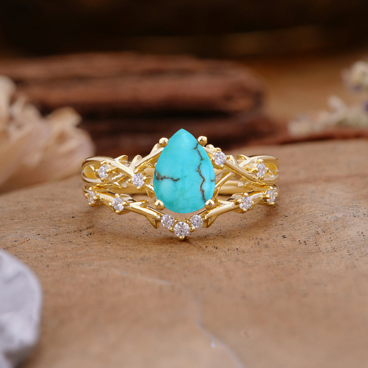 Nature-Inspired Pear-Cut Turquoise Ring Set - Additional view