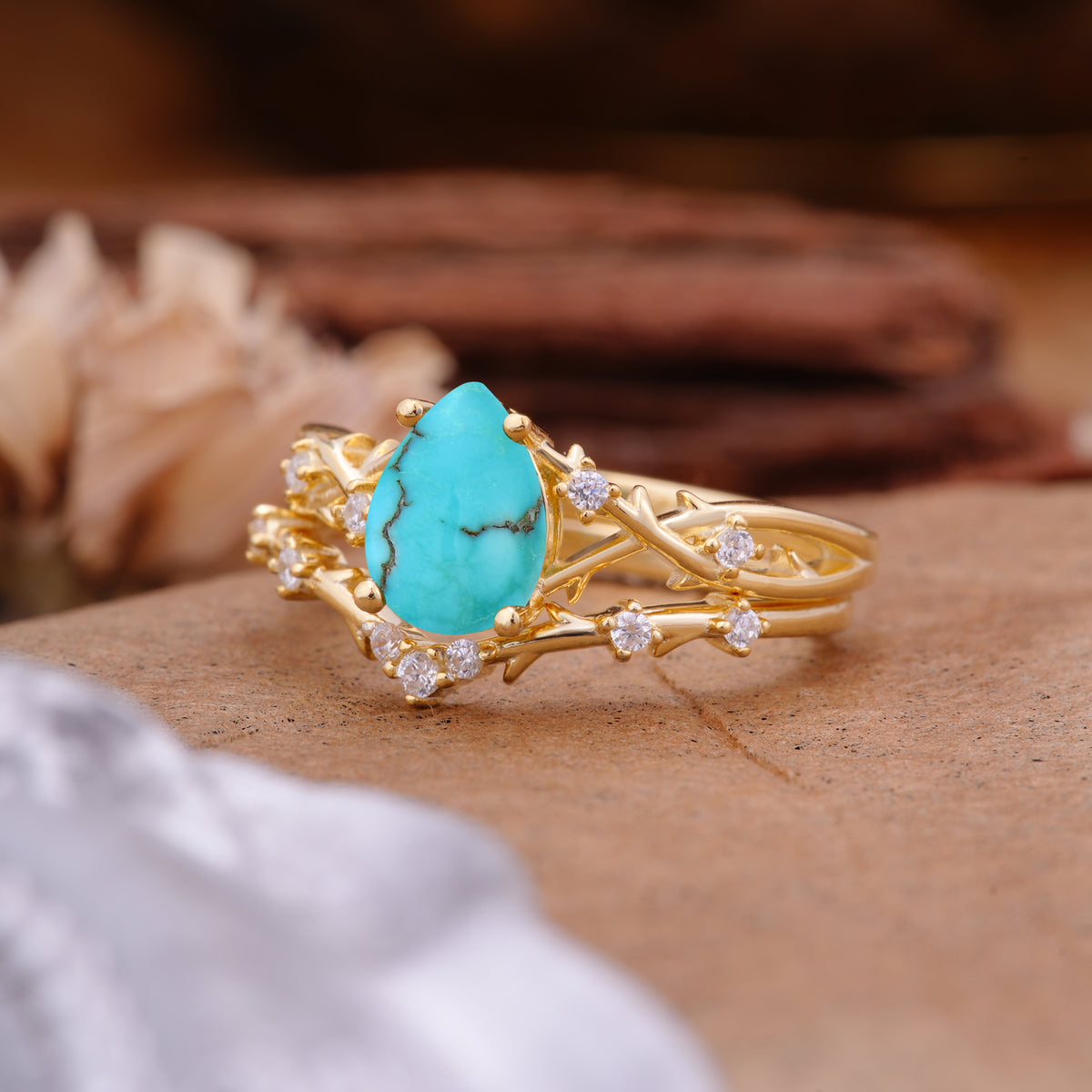 Nature-Inspired Pear-Cut Turquoise Ring Set - Additional view