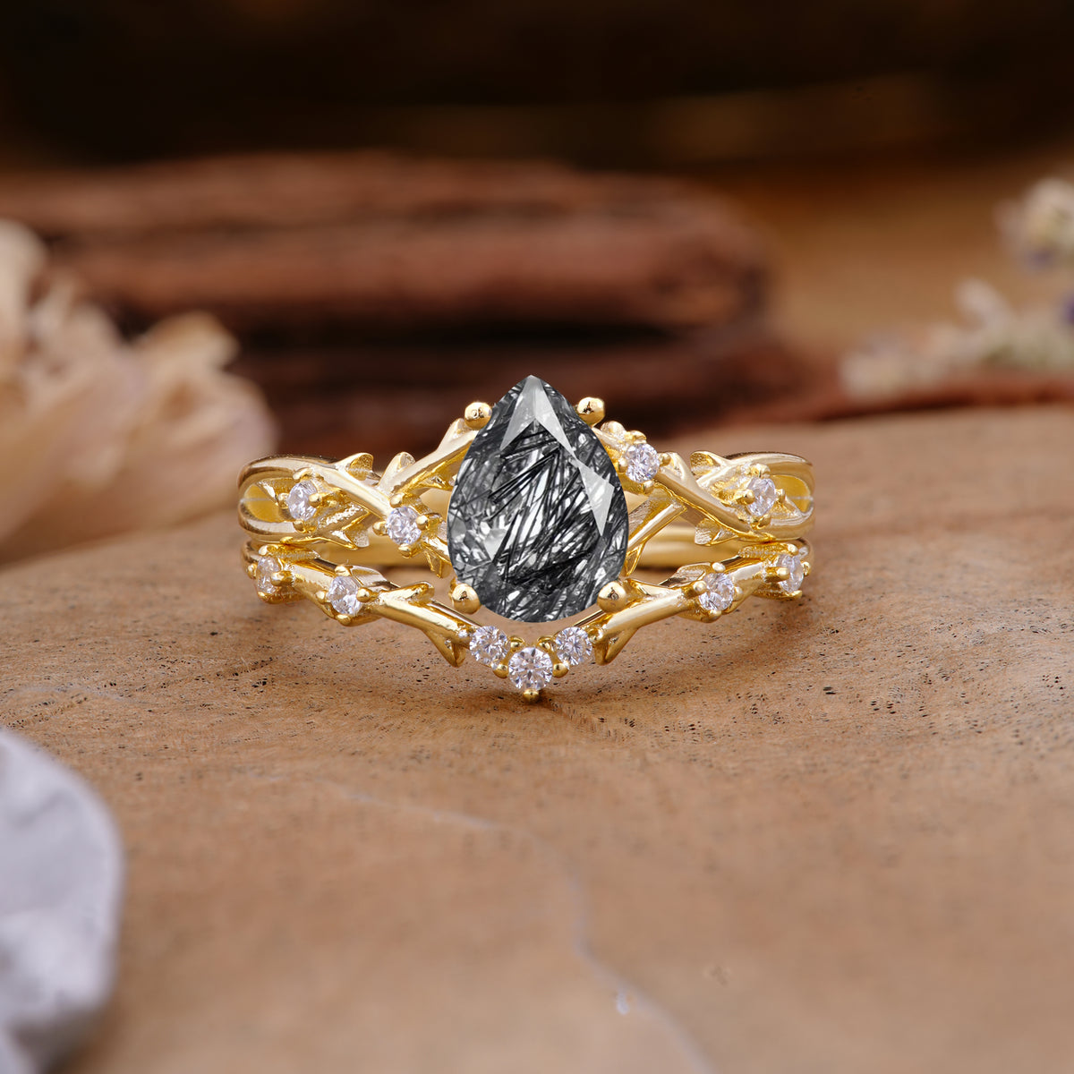 Nature-Inspired Pear-Cut Black Rutilated Quartz Ring Set - Additional view