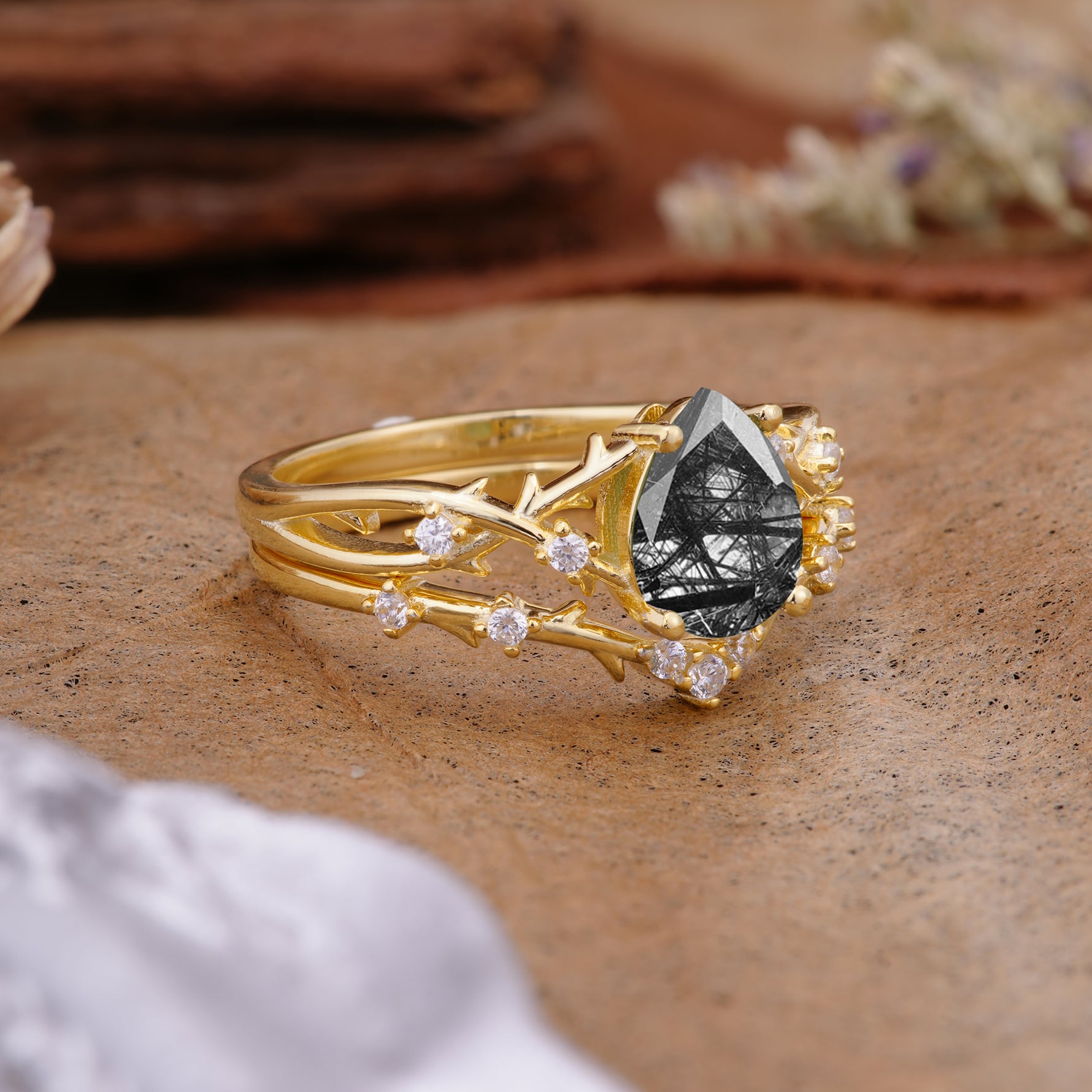 Nature-Inspired Pear-Cut Black Rutilated Quartz Ring Set - Additional view