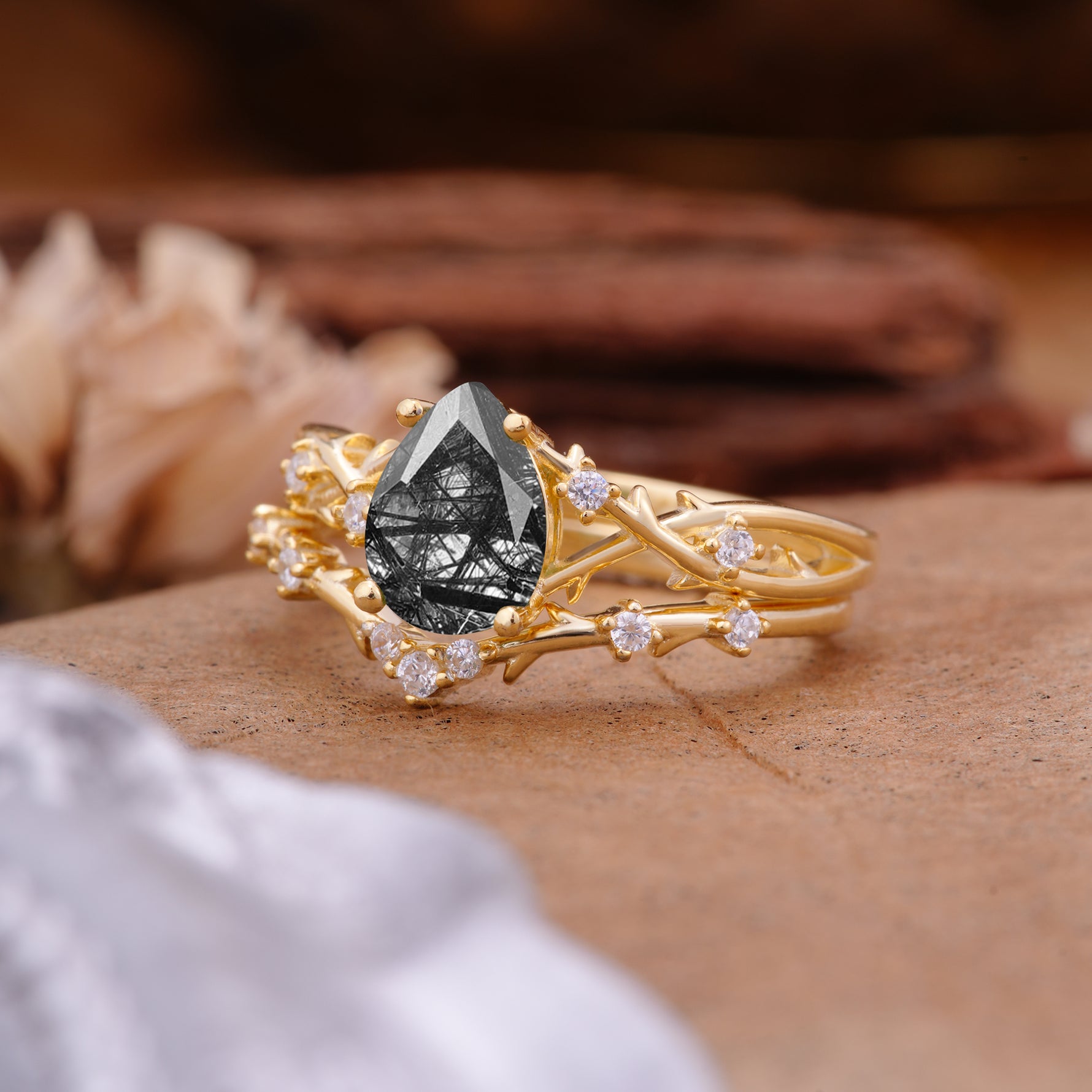 Nature-Inspired Pear-Cut Black Rutilated Quartz Ring Set - Additional view