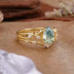 Nature-Inspired 4 Prong Pear-Cut Natural Moss Agate Ring Set
