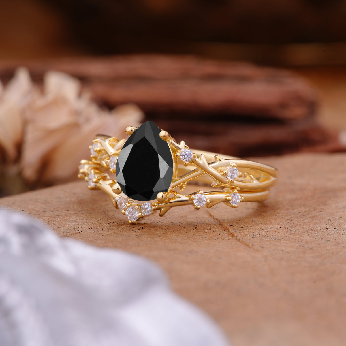Nature-Inspired Pear-Cut Black Onyx Ring Set - Additional view