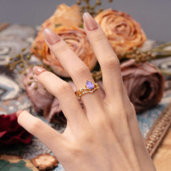 Nature-Inspired 4 Prong Pear-Cut Natural Amethyst Ring Set