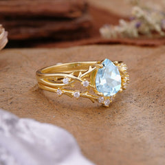 Nature-Inspired Pear-Cut Aquamarine Ring Set