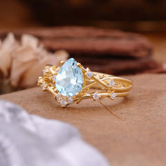 Nature-Inspired Pear-Cut Aquamarine Ring Set