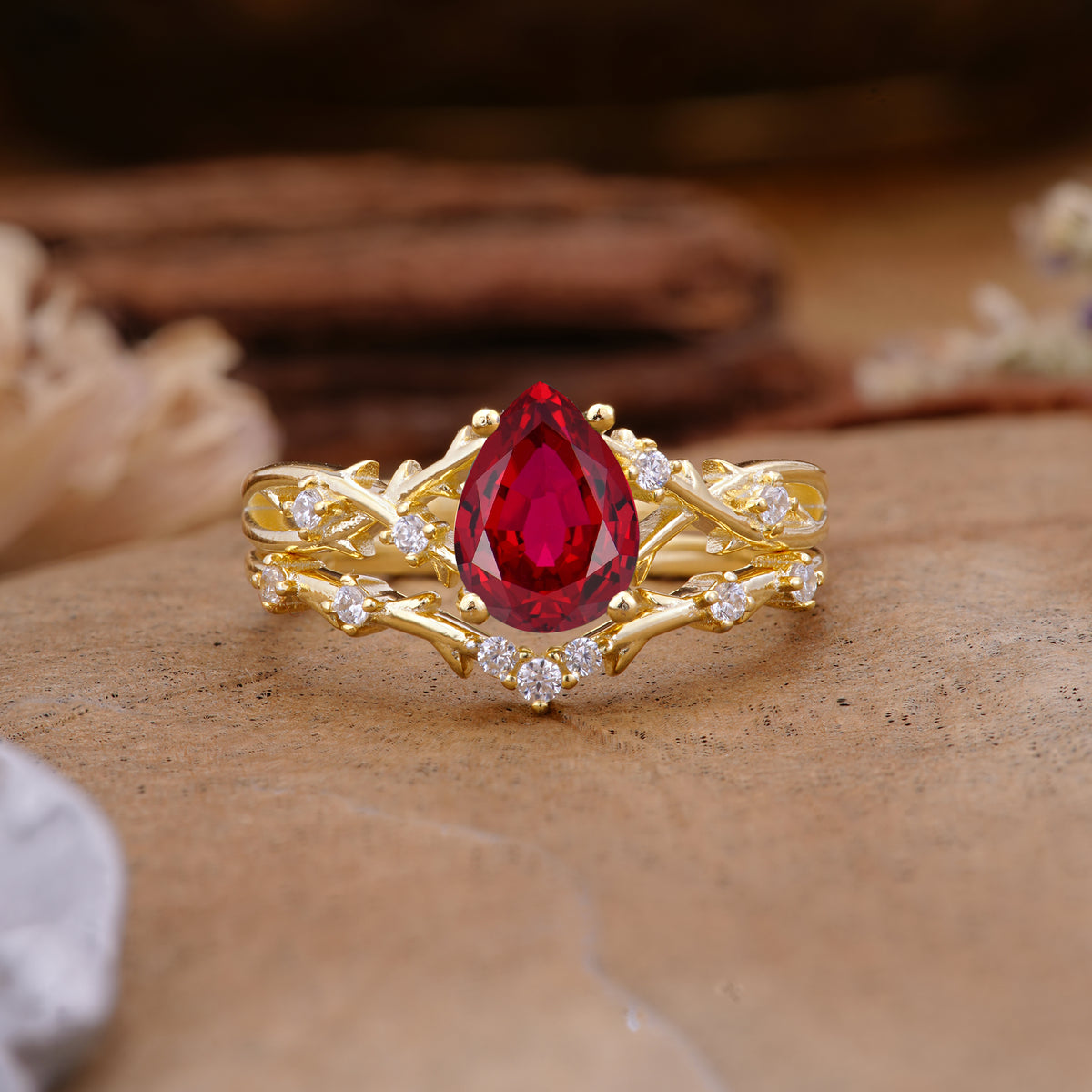 Nature-Inspired Pear-Cut Ruby Ring Set - Additional view