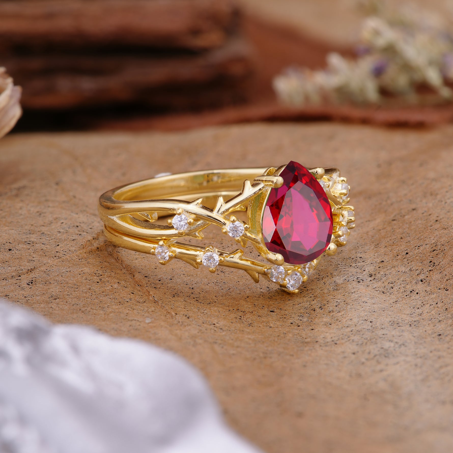 Nature-Inspired Pear-Cut Ruby Ring Set - Additional view