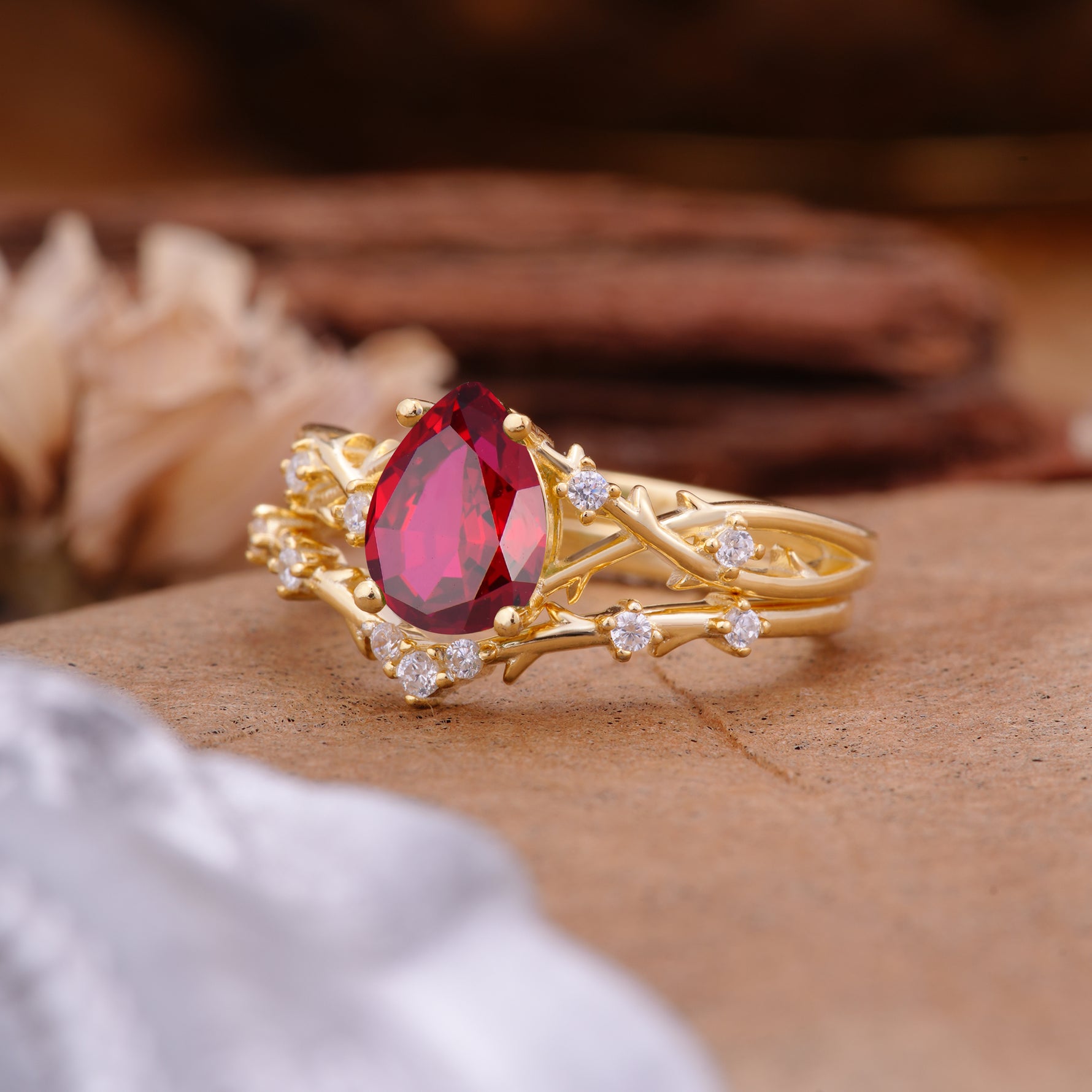 Nature-Inspired Pear-Cut Ruby Ring Set - Additional view