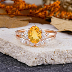 Luxury 6-Prong Oval-Cut Natural Citrine Engagement Ring Set