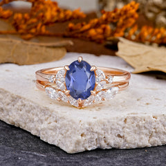 Luxury 6-Prong Oval-Cut Natural Tanzanite Engagement Ring Set