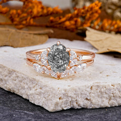 Luxury 6-Prong Oval-Cut Natural Black Rutilated Quartz Engagement Ring Set