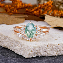 Luxury 6-Prong Oval-Cut Natural Moss Agate Engagement Ring Set