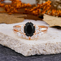 Luxury 6-Prong Oval-Cut Natural Black Onyx Engagement Ring Set