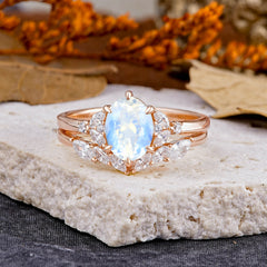 Luxury 6-Prong Oval-Cut Natural Moonstone Engagement Ring Set