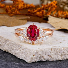 Luxury 6-Prong Oval-Cut Ruby Engagement Ring Set
