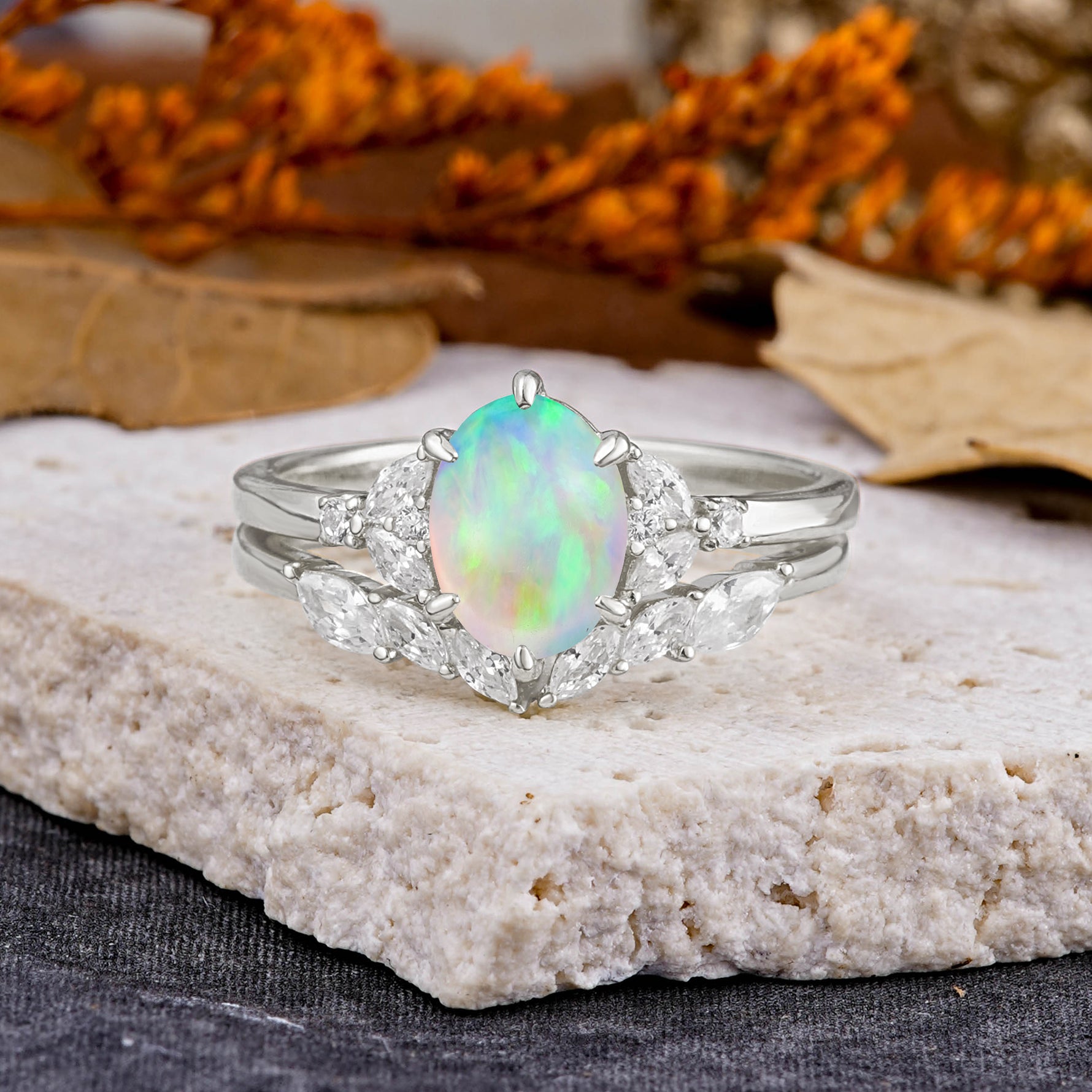 Luxury 6-Prong Oval-Cut Fire Opal Engagement Ring Set - Additional view