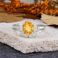 Luxury 6-Prong Oval-Cut Natural Citrine Engagement Ring Set