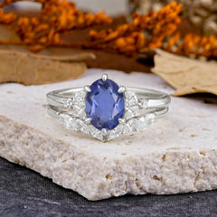 Luxury 6-Prong Oval-Cut Natural Tanzanite Engagement Ring Set