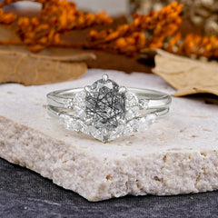 Luxury 6-Prong Oval-Cut Natural Black Rutilated Quartz Engagement Ring Set