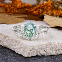 Luxury 6-Prong Oval-Cut Natural Moss Agate Engagement Ring Set