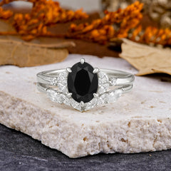 Luxury 6-Prong Oval-Cut Natural Black Onyx Engagement Ring Set