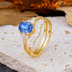 Luxury 6-Prong Oval-Cut Sapphire Engagement Ring Set