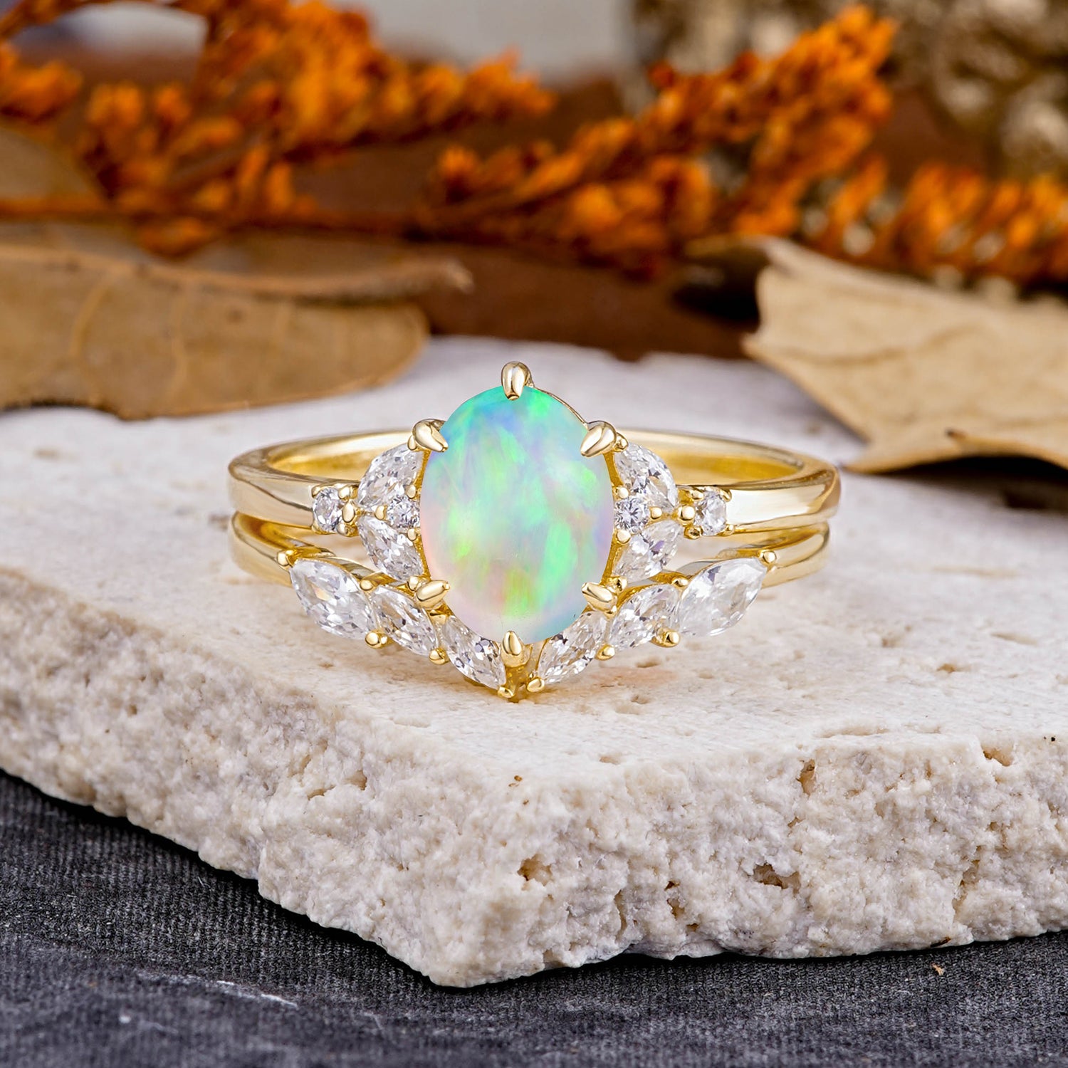 Luxury 6-Prong Oval-Cut Fire Opal Engagement Ring Set - Additional view