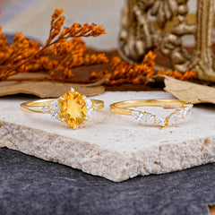 Luxury 6-Prong Oval-Cut Natural Citrine Engagement Ring Set