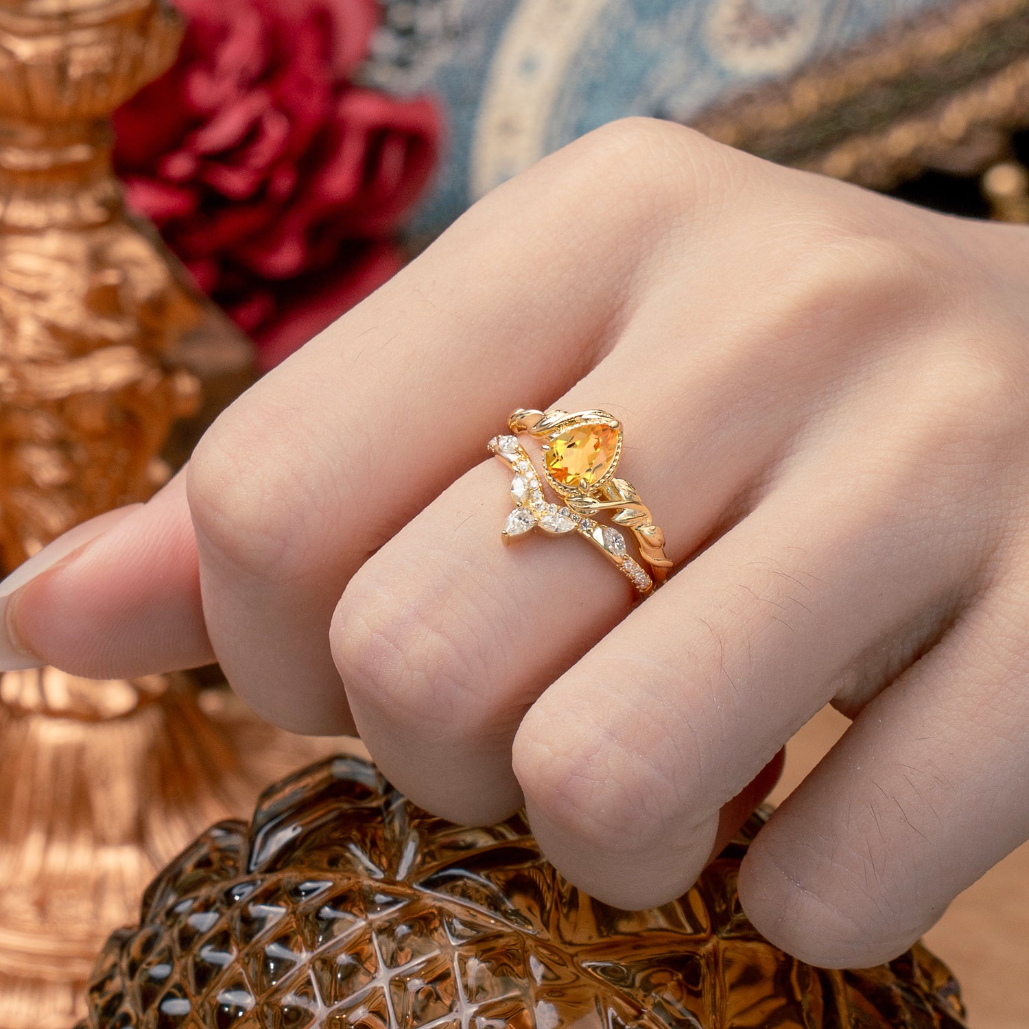 Nature-Inspired 3-Prong Oval-Cut Natural Citrine Bridal Ring Set With Vine Accents