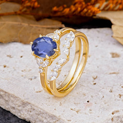 Luxury 6-Prong Oval-Cut Natural Tanzanite Engagement Ring Set