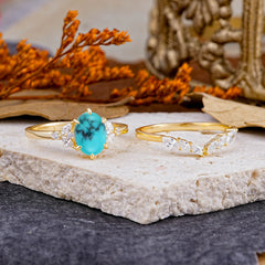Luxury 6-Prong Oval-Cut Turquoise Engagement Ring Set