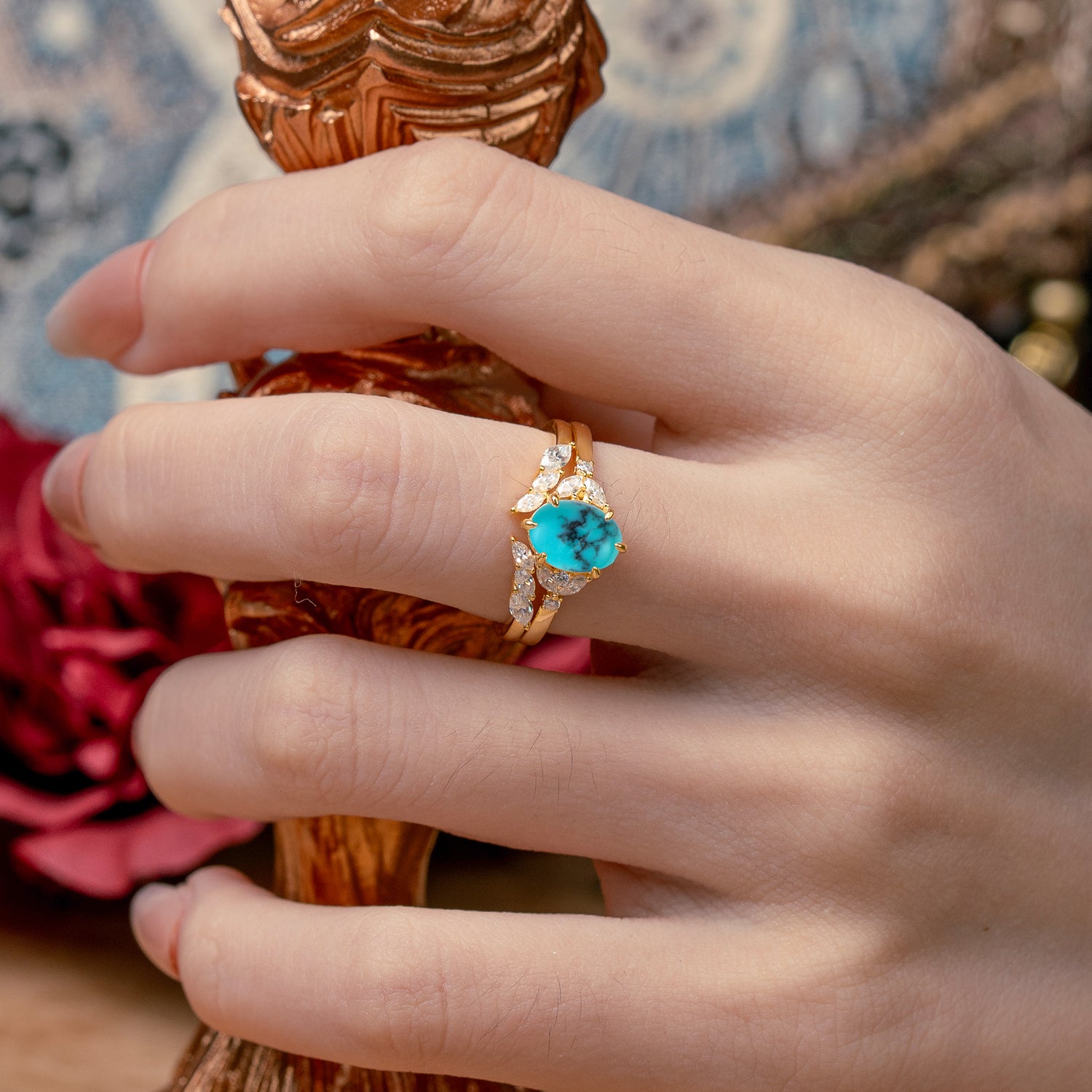 Luxury 6-Prong Oval-Cut Turquoise Engagement Ring Set