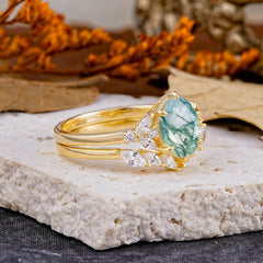 Luxury 6-Prong Oval-Cut Natural Moss Agate Engagement Ring Set