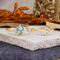 Luxury 6-Prong Oval-Cut Natural Moss Agate Engagement Ring Set