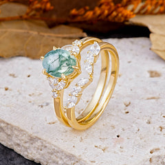 Luxury 6-Prong Oval-Cut Natural Moss Agate Engagement Ring Set