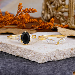 Luxury 6-Prong Oval-Cut Natural Black Onyx Engagement Ring Set